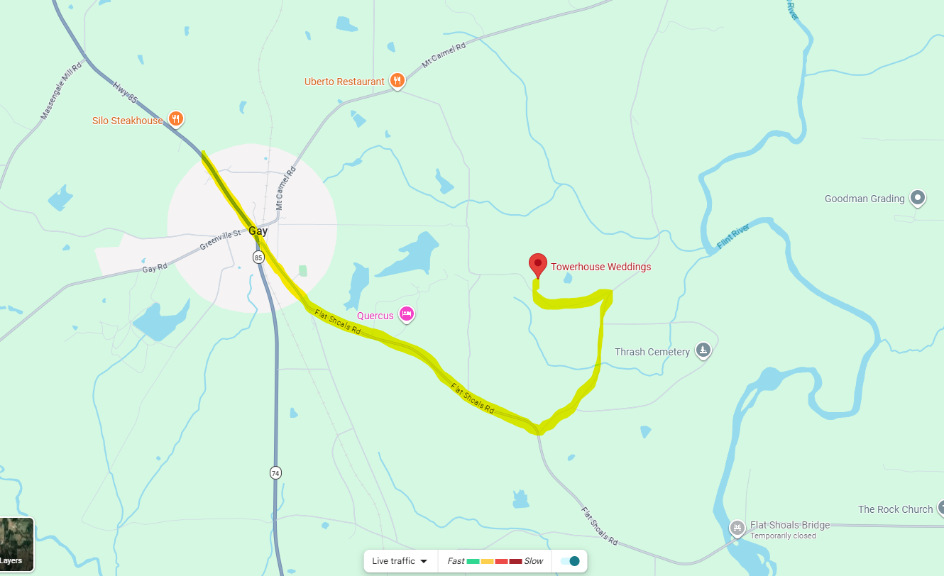 Marked route from Gay, Georgia to The Towerhouse through Flat Shoals Road and Jimmy Clark Road