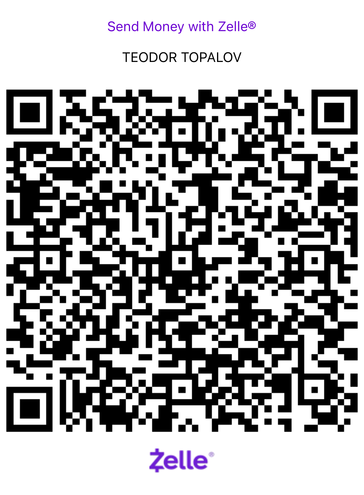 Zelle QR code for Teo and Tori